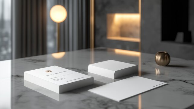 Luxury stationery mockup, marble table, modern interior, branding