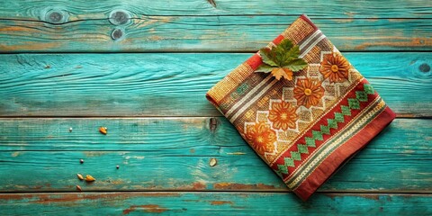 A Rustic Wooden Surface Decorated with a Multicolored Fabric Featuring Geometric Patterns and a Single Dried Leaf