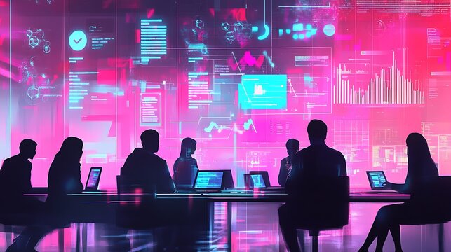 High-impact digital meeting illustration with an organization chart superimposed on AI analytics, sophisticated color layering, collaborative discussion, and a forward-thinking corporate feel 
