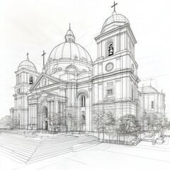 Architectural Sketch of a Majestic Cathedral: Blueprint Design of a Grand Religious Building