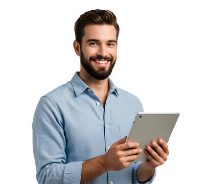Portrait of handsome smiling man using a tablet computer.