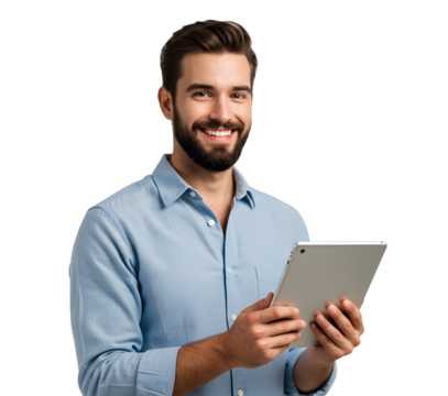 Portrait of handsome smiling man using a tablet computer.