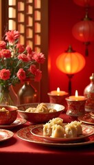 A beautifully decorated dining table for a Chinese New Year celebration, featuring an assortment of festive foods, red and gold decorations, and glowing lanterns in the background