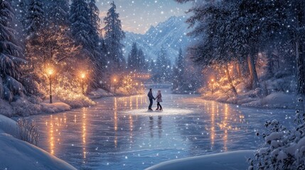 Obraz premium Romantic Winter Wonderland: A Couple Ice Skating on a Frozen Lake