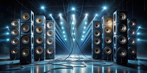 A symphony of stacked speakers under a stage bathed in the glow of a spotlight awaits the performance to begin