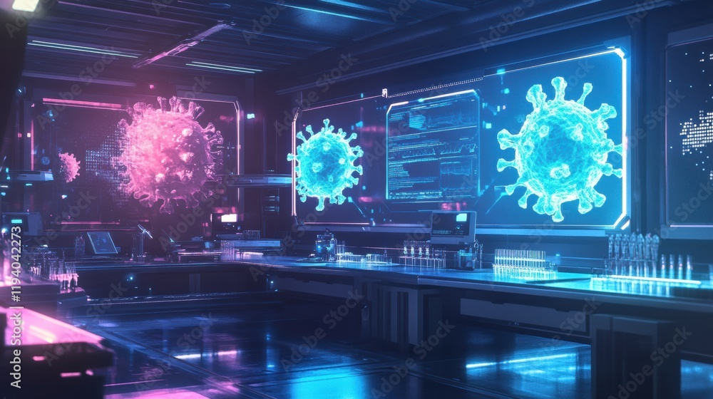 Leinwandbilder Modern laboratory with glowing monitors and test tubes highlighting virus research in a high tech environment. Generative AI