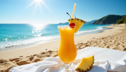 Tropical cocktail garnished with pineapple and cherry on a beachside table with ocean view
