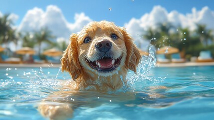 Happy golden retriever puppy swimming in a pool, splashing water.