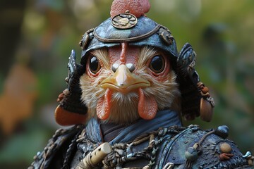 Obraz premium A captivating digital portrait of a chicken adorned in samurai armor. The detail is stunning