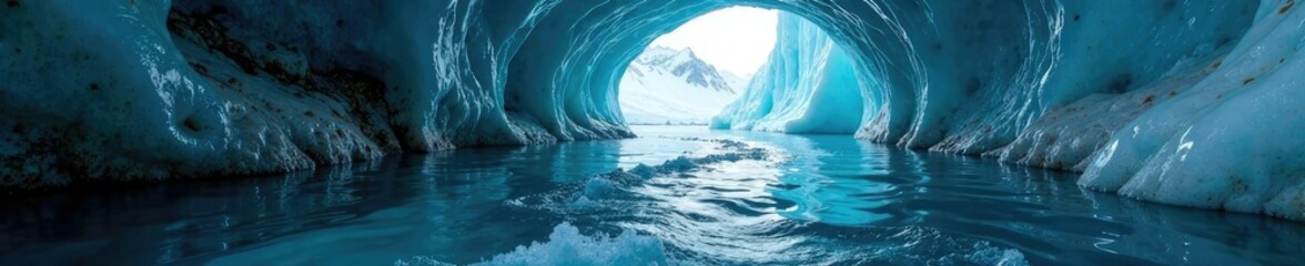 Crystal clear water flows through a glacial tunnel, tunnel, flow