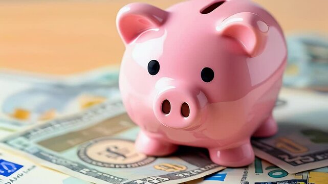 A pink piggy bank sits atop scattered dollar bills, symbolizing saving and financial planning.