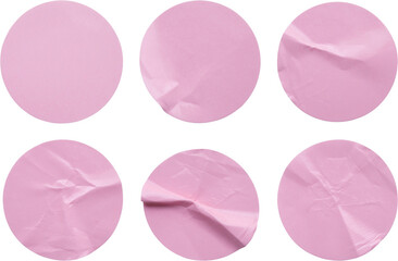 Blank pink round adhesive paper sticker label set isolated on white background