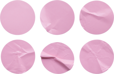 Blank pink round adhesive paper sticker label set isolated on white background
