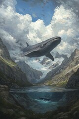 Fototapeta premium Whale soaring above a glacial valley, another whale swims below. Surreal landscape painting.