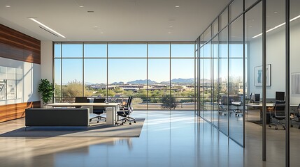 A bright and open office space with glass walls dividing sections, soft natural light pouring in through large windows, and a striking view of a cityscape under a clear blue sky,