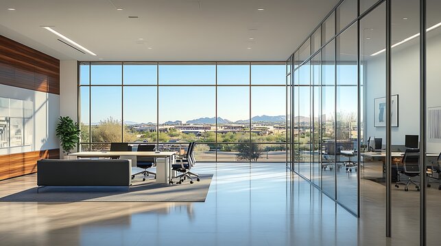 A bright and open office space with glass walls dividing sections, soft natural light pouring in through large windows, and a striking view of a cityscape under a clear blue sky,