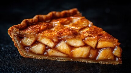 Slice of apple pie on dark surface.