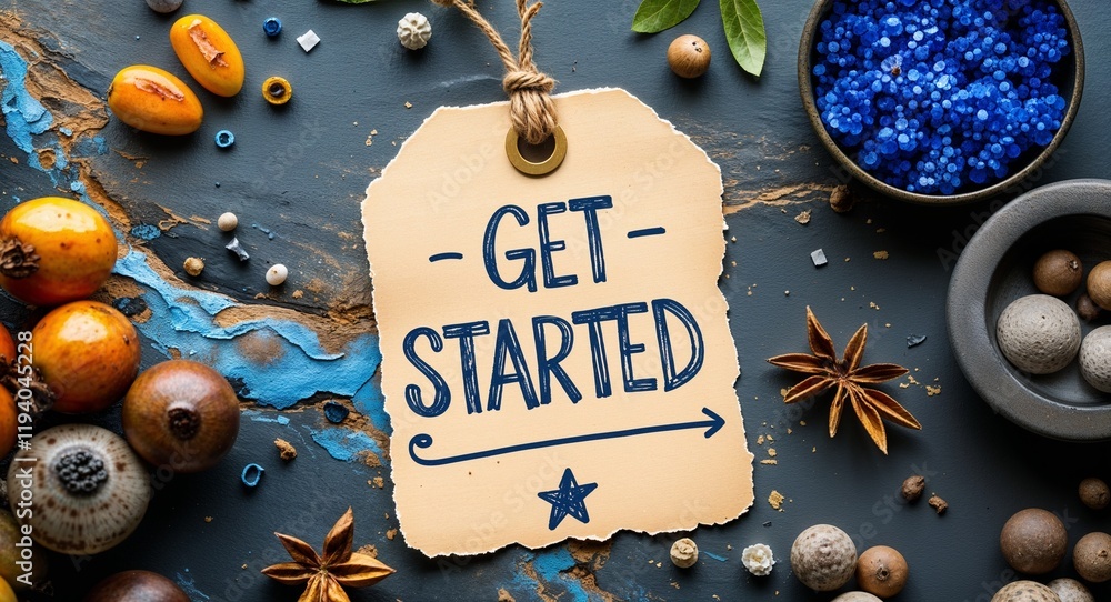 Poster Get started handwritten on paper tag at table background