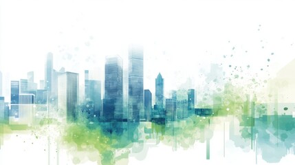 Obraz premium Abstract City Skyline in Watercolor Style Featuring Shades of Blue and Green, Perfect for Business and Inspirational Themes
