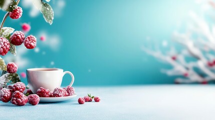 A cozy winter scene featuring a white cup of tea beside fresh raspberries on a frosty table