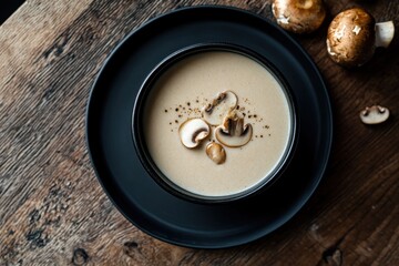 Creamy mushroom soup bowl, wooden table, overhead