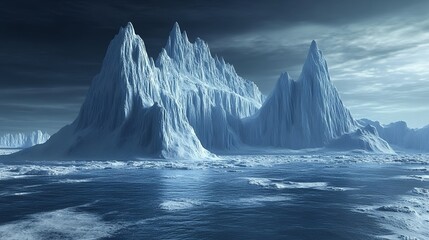 Stunning view of a majestic ice mountain range reflecting in a frozen sea. A beautiful and cold scenery.