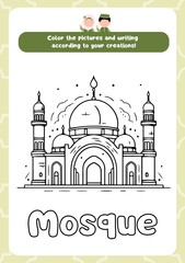 Obraz premium Ramadan theme coloring page. Children's coloring book, fun and educational material for kindergarten. Mosque coloring.