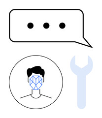Speech bubble with three dots, person with digital face recognition grid, and wrench. Ideal for tech development, digital tools, AI, user interaction, innovation, problem-solving abstract line flat