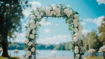 A stunning wedding arch adorned with white roses and greenery, set against a picturesque lakeside backdrop. Perfect for a romantic outdoor ceremony.