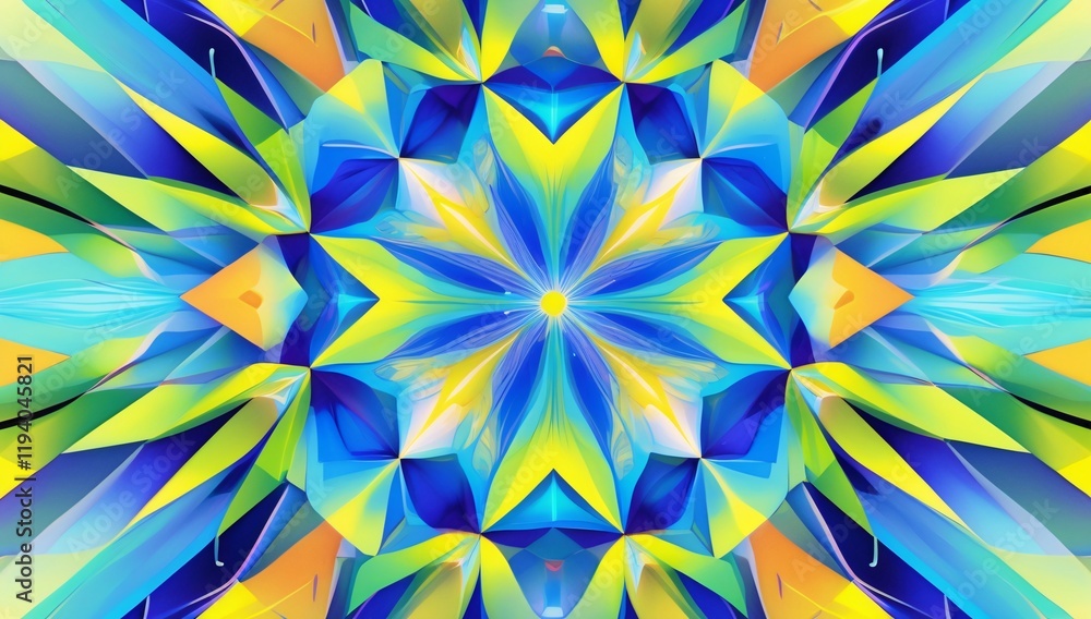 Poster abstract artwork featuring a dynamic and intricate geometric design with vibrant colors
