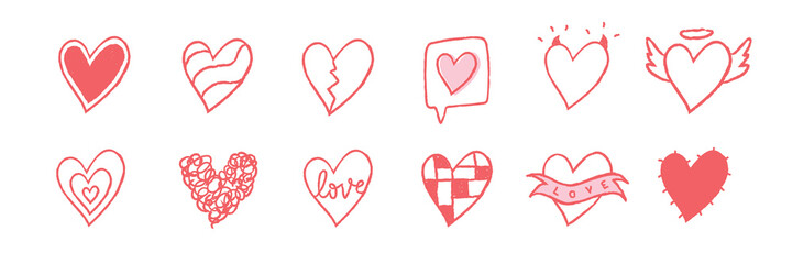 Collection of red heart doodles. Various heart designs include wings, love text, and speech bubbles. Red heart doodles for creative projects and love themes. Cute hand drawn love doodle, set. Vectors.