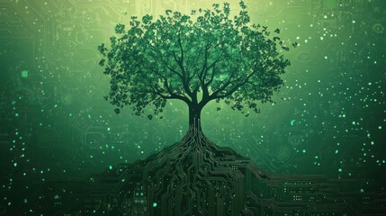 A tree with circuit-like roots symbolizes the fusion of nature and technology.