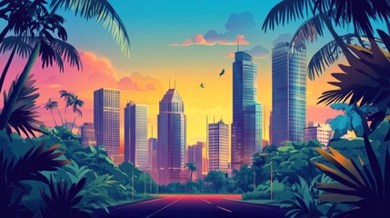 Tropical City Sunset Roadscape Vibrant urban skyline viewed from a lush park at sunset, ideal for travel or city promotion