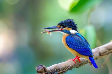 Naklejka premium Black-capped Kingfisher Bird of Thailand, beautiful blue bird perching on branch in nature showing its fine blue back wings feathers carrying cricket prey, nature