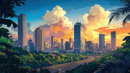Tropical City Sunset Highway Landscape Illustration
