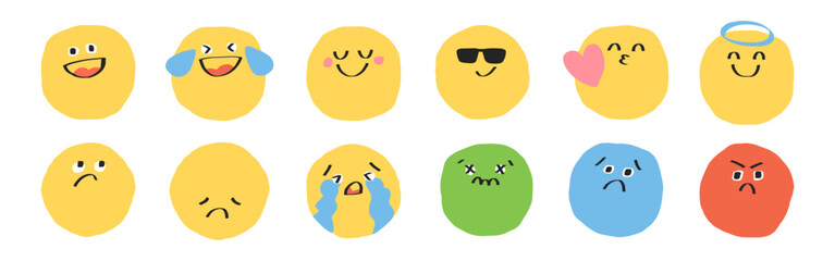 Colorful emoji set with various expressions: happy, sad, crying, laughing, and angry. Emotions displayed in bright, playful, and expressive emoji faces. Hand drawn emoticon element set. Vectors.