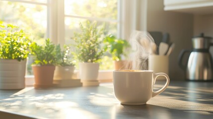 Cup of Coffee on Kitchen Counter with Steam Rising