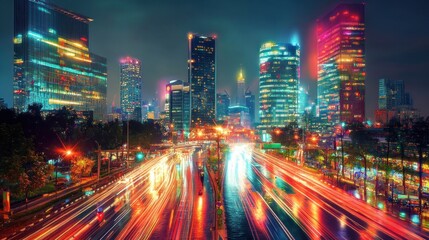 Night cityscape, highway traffic streaks, vibrant buildings, advertising