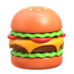 Hamburger 3D Icon, featuring a stacked burger with layers of meat, cheese, lettuce, and a sesame seed bun, emphasizing the classic fast food item