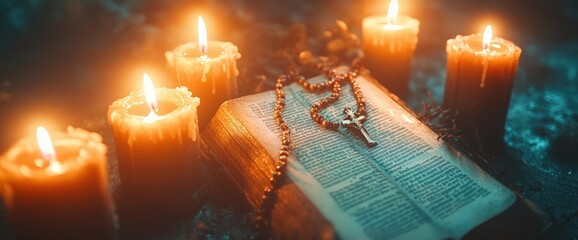 Holy bible with rosary beads and burning candles.