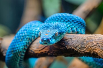 Blue viper snake closeup face, Blue viper snake on branch, viper snake, blue insularis, Trimeresurus Insularis