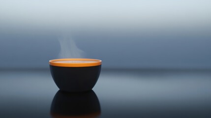 Steaming hot drink in bowl on reflective surface, minimalist background, for food blogs