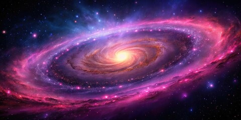 Obraz premium A breathtaking panoramic view of a spiral galaxy with vibrant pink and purple hues, surrounded by a delicate network of galaxy clusters, celestial, universe, galaxy cluster