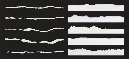 Set of torn paper edges on black background. Torn paper texture, torn paper strips, torn paper lines. Perfect for design projects, scrapbooking, and crafts. Ripped element set. Vectors.