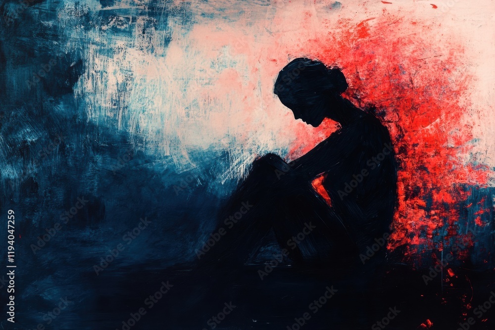 Poster Shadowed figure reflects inner conflict amidst abstract chaos of colors. Generative AI