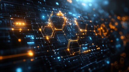 Fototapeta premium Futuristic Digital Circuitry with Glowing Hexagons and High-Tech Background
