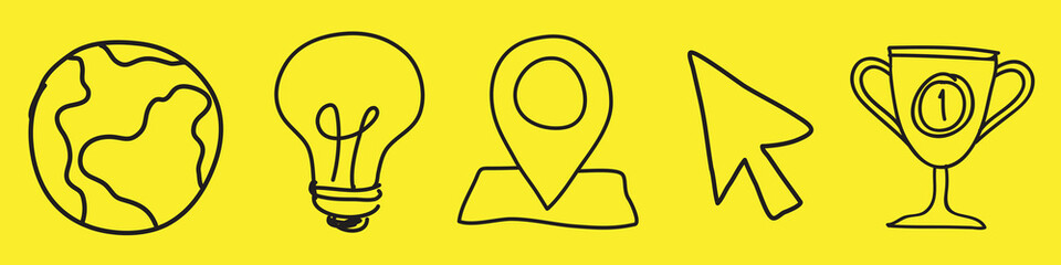 Icons on yellow: globe, lightbulb, map pin, cursor, trophy. Simple line drawings. Icons for ideas, navigation, and achievement. Yellow background, black icons. Hand drawn business elements, vector set