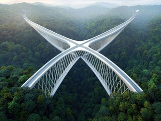 A stunning aerial view of a modern, cross-shaped bridge spanning lush green forests, showcasing innovative architecture and nature's beauty.