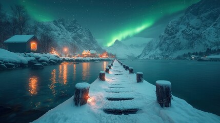 Snowy pier view at night with aurora lights.