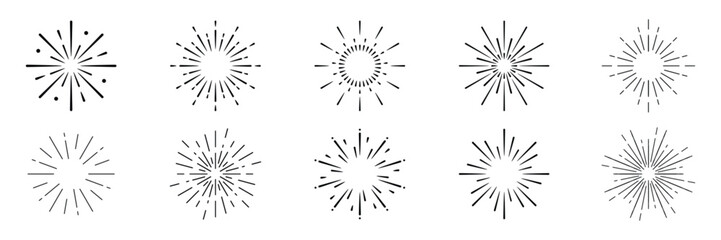 Obraz premium Set of 10 black starburst designs. Starburst patterns vary in line length and density. Perfect for starburst-themed projects or starburst-inspired graphics. Festive elements, vector set.